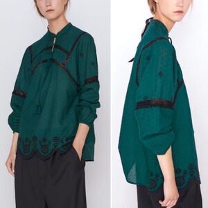 Zara Emerald Green Embroidered Eyelet Tassel Long Sleeves Peasant Top